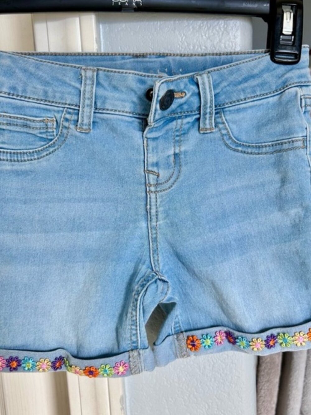 Light Blue Denim Shorts with Floral Embroidery
